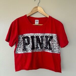 PINK Victoria's Secret Cropped Red Tee with Silver Sequins Size Small